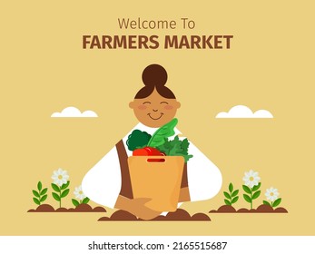 Welcome To Farmers Market Concept With Cartoon Lady Holding Paper Bag Full Of Vegan Food On Ochre Background.