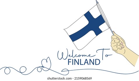 Welcome to Finland flag sign logo, Sketch drawing of hand holding Finland country Flag, Line art vector illustration of Finland Country Flag in hand