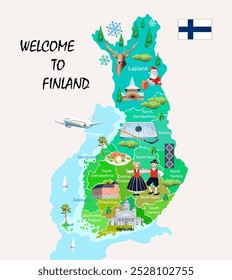 Bienvenido a Finlandia. Mapa turístico de Finlandia. Ilustración de Arte vectorial