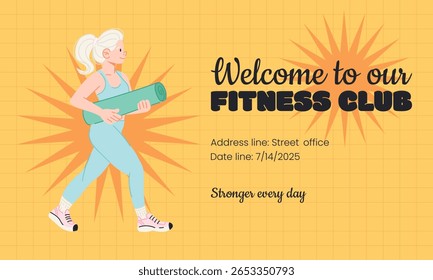 Welcome Fitness Club web Poster with Woman and Yoga Mat
