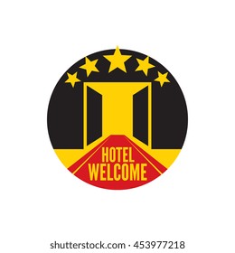 welcome to five star hotel circle shape emblem. open doors and red carpet. vector graphic art, retro vintage style badge design logo, color illustration isolated on white background.