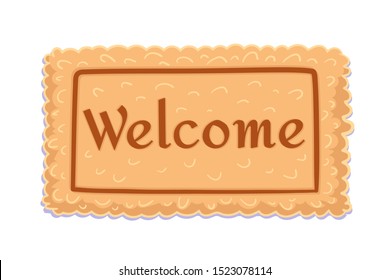 Welcome. Flat doormat for decoration design. Element of Home decor, top view. Carpet with the text isolated on white background. Welcome greeting and invitation to come in. Vector Illustration