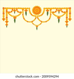 Welcome floral decoration hanging marigold flowers in yellow and orange color with mango leaves off white color background.