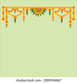 Welcome floral decoration hanging marigold flowers in yellow and orange color with mango leaves on light green color background.