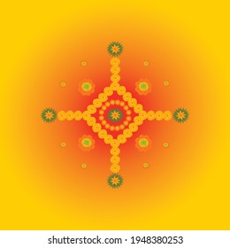 Welcome floral floor design with yellow and orange marigold flowers on red and yellow color background.