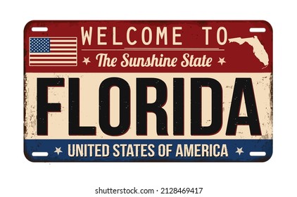 Welcome to Florida vintage rusty license plate on a white background, vector illustration