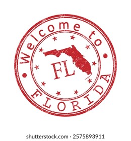 Welcome to Florida. A worn stamp with a silhouette of the state and an abbreviated designation. Print impression, a template for creative design