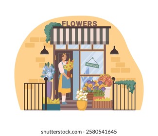 Welcome to flower shop with assortment of bouquets and compositions. Vector isolated seller or owner with flora, florist store facade or exterior with potted plants and botany adornment