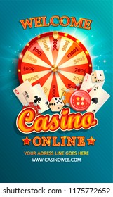 Welcome flyer for casino online with gambling design elements such as poker cards, playing dice, chips and fortune wheel. Invitation poster template on shiny background. Vector illustration.