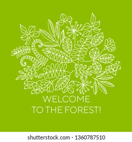 Welcome to forest line art vector banner concept. Foliage, bloom hand drawn outline illustration. Botany, herbarium poster. Natural blossom contour white drawing with typography. Ash and rowan leaves