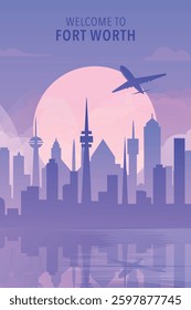 Welcome to Fort Worth, Texas state, USA. Gradient city poster, card with shapes of skyline, waterfront and airplane. America travel vector illustration, print, graphic