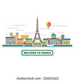 Welcome to France. Attractions of Paris, the Eiffel Tower landscape, balloon. Vector flat illustration