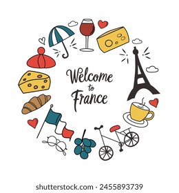 Welcome to France card, vector arrangement with croissant, Eifel tower, doodle icons of French symbols, layout of illustrations for print, poster or banner, template with lettering, Paris postcard