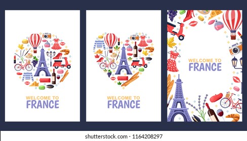 Welcome to France greeting souvenir cards, print or poster design template. Travel to Paris flat illustration. Circle, heart shapes and frame background set.