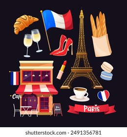 Bienvenido a la colección de iconos de Francia con la torre Eiffel, café de la calle, diferentes Elementos de moda, dulces, café, etc.