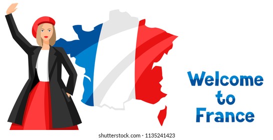 Welcome to France. Illustration of Frenchwoman on map background.