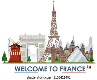 Welcome to france landmarks illustration