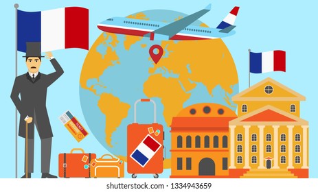 Welcome to France postcard. Travel and safari concept of Europe world map vector illustration with national flag