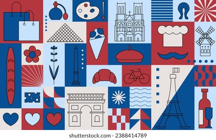 Welcome to France romance set. Popular French landmarks, food and attractions. Paris vector illustration. Famous french city tourist symbols collection