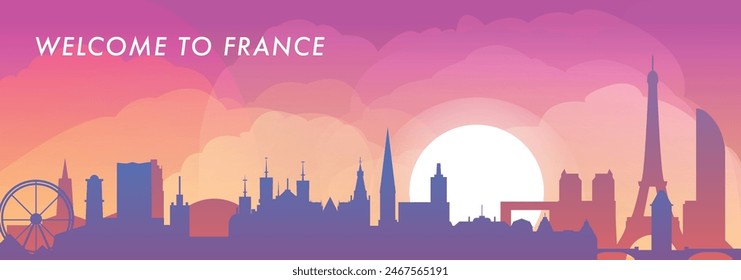 Bienvenido al horizonte de Francia con el panorama de las ciudades, Anuncio de Vector gradiente. Colorido París, Lyon, Marsella, Toulouse, Estrasburgo, Silueta agradable para pie de página, vapor, cabecera, gráfico Horizontal