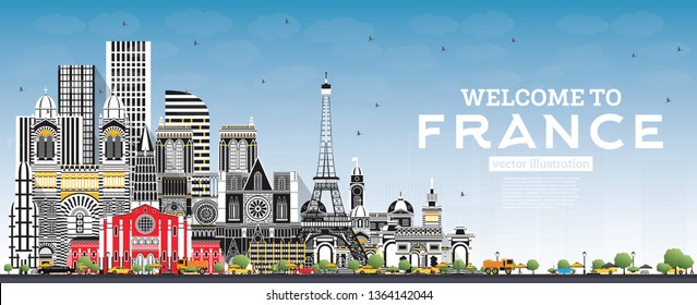 Welcome to France Skyline with Gray Buildings and Blue Sky. Vector Illustration. Tourism Concept with Historic Architecture. France Cityscape with Landmarks. Toulouse. Paris. Lyon. Marseille. 