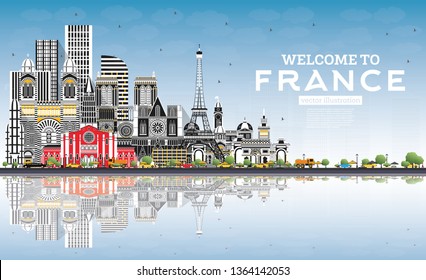 Welcome to France Skyline with Gray Buildings and Blue Sky. Vector Illustration. Tourism Concept with Historic Architecture. France Cityscape with Landmarks. Toulouse. Paris. Lyon. Marseille. 