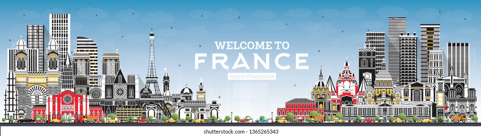 Welcome to France Skyline with Gray Buildings and Blue Sky. Vector Illustration. Tourism Concept with Historic Architecture. France Cityscape with Landmarks. Toulouse. Paris. Lyon. Marseille. Nice.