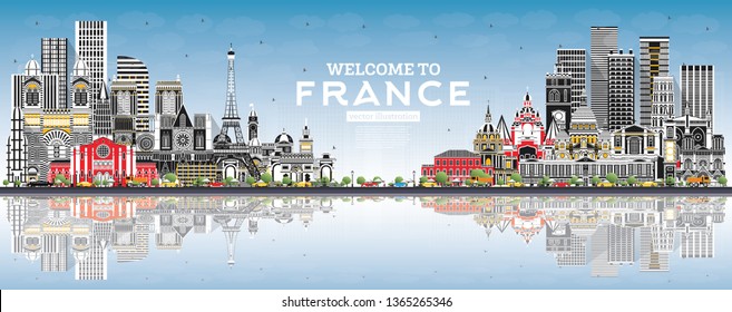 Welcome to France Skyline with Gray Buildings, Blue Sky and Reflections. Vector Illustration. Historic Architecture. France Cityscape with Landmarks. Toulouse. Paris. Lyon. Marseille. Nice