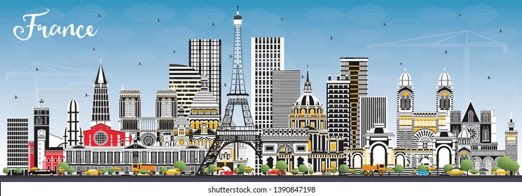 Welcome to France Skyline with Gray Buildings and Blue Sky. Vector Illustration. Tourism Concept with Historic Architecture. France Cityscape with Landmarks. Toulouse. Paris. Lyon. Marseille.