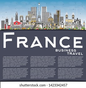 Welcome to France Skyline with Gray Buildings, Blue Sky and Copy Space. Vector Illustration. Tourism Concept with Historic Architecture. France Cityscape with Landmarks. Toulouse. Paris. Lyon. 