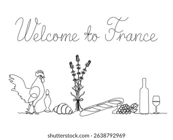 Welcome to France. The symbols are French rooster, baguette,croissant,lavender,wine,grapes,perfume.  continuous single one line art drawing sketch, logo