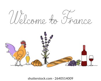 Welcome to France. The symbols are French rooster, baguette,croissant,lavender,wine,grapes,perfume.  continuous single one line art drawing sketch, logo