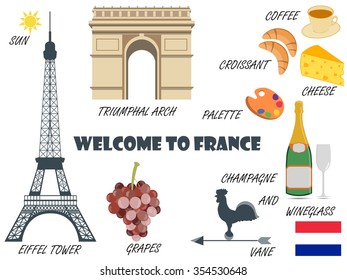 Welcome to France. Symbols of France. Set of icons. Vector.