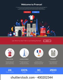 Welcome to France travel one page website template layout with flat design header, banner, icons and other web elements, famous French symbols