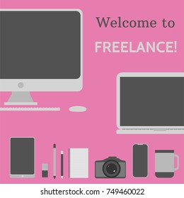 Welcome to Freelance flat retro vector illustration card