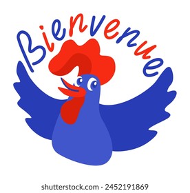 Welcome in french language. French rooster in colors of french flag. Vector isolated illustration with lettering.