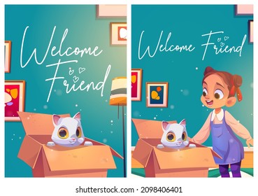 Welcome friend poster with cute cat in cardboard box. Concept of new pet present, adoption homeless animals. Vector banner with cartoon illustration of white kitty in carton box in room