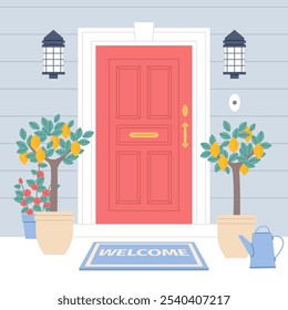 Welcome front door mat. Cartoon flat style house exterior part, wiping shoes, entrance rug with inscription, lemon trees, home or apartment facade. Architectural background, vector concept