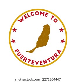Welcome to Fuerteventura stamp. Grunge island round stamp with texture in Bloodthirsty Lips color theme. Vintage style geometric Fuerteventura seal. Modern vector illustration.
