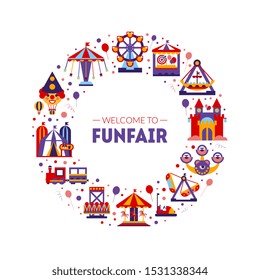 Welcome to Funfair Frame of Circular Shape, Amusement Park Elements Vector Illustration