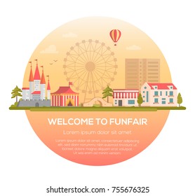 Welcome to funfair - modern vector illustration in a round frame with place for text. Amusement park with circus pavillion, castle, big wheel silhouette. Cityscape with bridge, houses