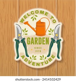 Welcome to garden adventure emblem, label, patch, sticker. Vector illustration. For sign, patch, shirt design with hand secateurs, garden pruner, watering can gardening equipment silhouette.