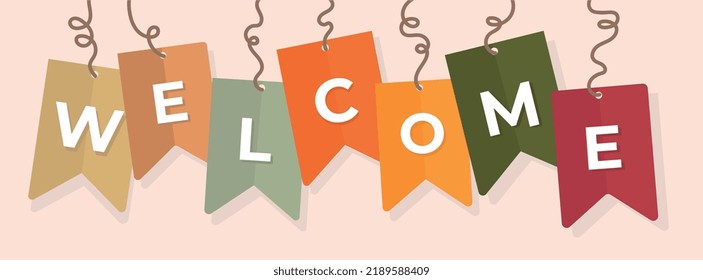 WELCOME garland hanging colorful banner. Bohemian autumn colors. Word for banner, label, sign design, wallpaper and circle design elements. Creative art banner, vector illustration. Shop sales.