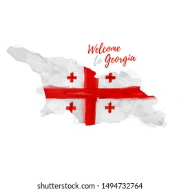 Welcome to Georgia banner. Map Republic of Georgia in watercolor style with national flag design. Symbol and sign. Vector illustration.