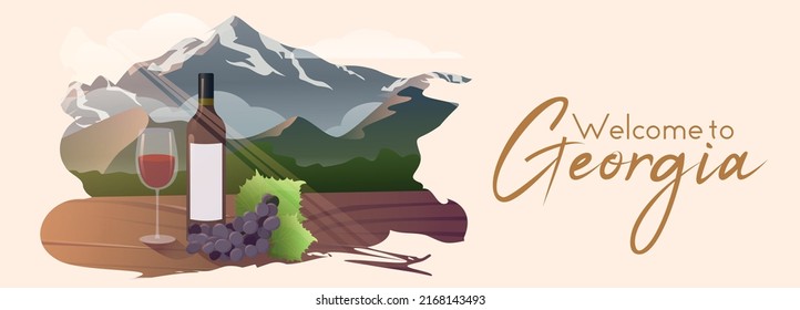 Welcome to Georgia. Travel. Vacation. Mountain View. Georgian wine and grapes. Vector. Poster, Banner, Web, postcard, calendar.