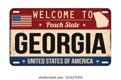 Welcome to Georgia vintage rusty license plate on a white background, vector illustration