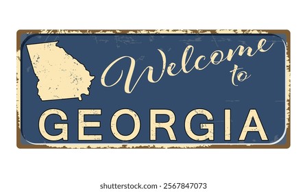 Welcome to Georgia. A worn blue plaque with the name and outline of the state. Welcome inscription on the road sign