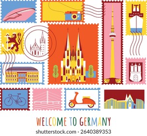 Welcome to Germany branding technology concept. Collection of flat vector web icons. Post stamp culture travel set, famous architectures, specialties detailed silhouette. European famous landmark