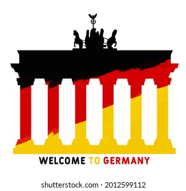 Bienvenidos a Alemania. Invitación a explorar el monumento histórico de Alemania. Afiche turístico con puerta de Brandenburgo. Viaje por carretera, organización de transferencia de aeronaves. Bandera del país de Alemania 