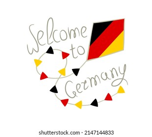 Welcome to Germany. Kite in the colors of the German tricolor. Hand drawn Vector illustration for a festive or holiday decoration, tourist trips, travel, meeting guests.